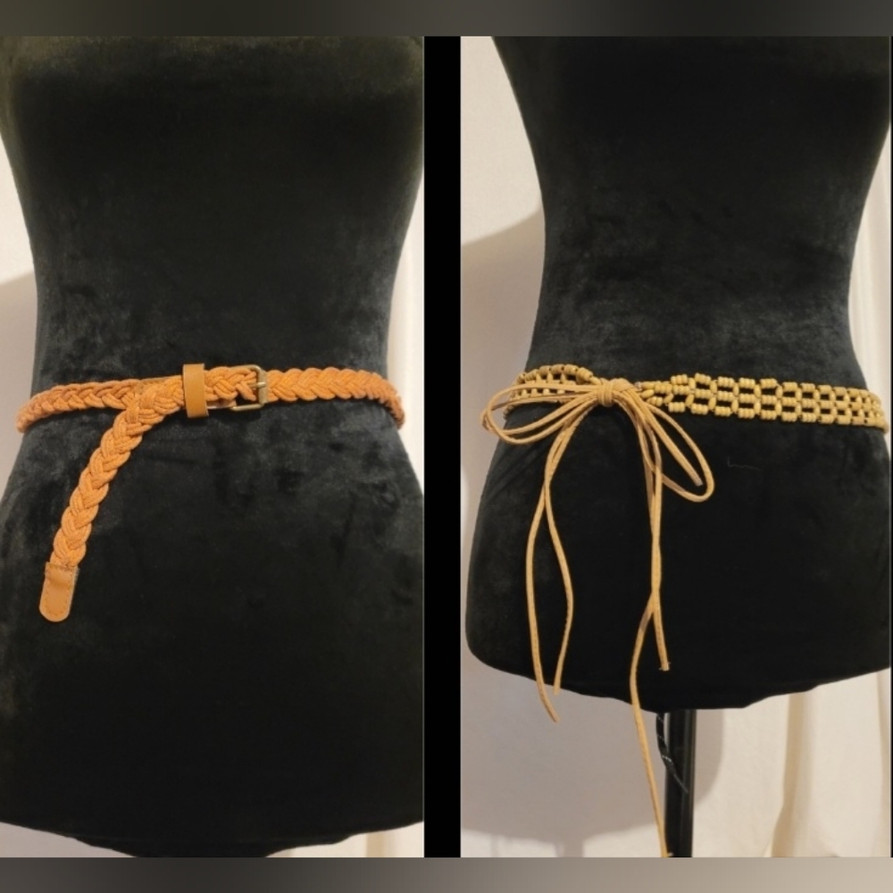 2 Brown Belts -Braided Light Brown 34" Belt and Beaded Cream Women's Belt 29"
